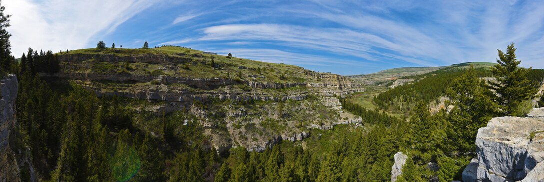 Sluice Boxes State Park, Mont., panoramic composed of six pictures taken from a protruding cliff side halfway through the valley May 2. Remains of old prospector cabins, historic railroads and mines can be seen from the trails that line the river at the bottom of the canyon. (U.S. Air Force photo illustration/Airman 1st Class Collin Schmidt)