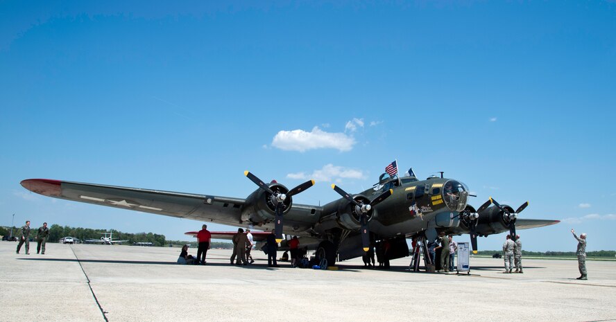 B-17G Texas Raiders, sits on the flightline at Joint Base Andrews, Md., May 4, 2015. The aircraft was on display to commemorate Victory in Europe Day which will be celebrated on May 8. The Texas Raiders is a Boeing B-17G Flying Fortress that is part of the Commemorative Air Force, a non-profit organization located out of Midland, Texas. (U.S. Air Force photo/Airman 1st Class Philip Bryant)