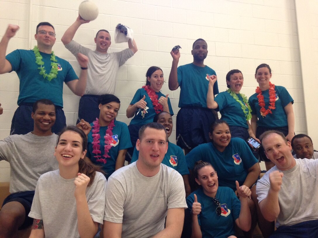 Service members from around Joint Base Andrews participate in a day of fun filled activities at the Sports Day on May 5, 2015. The 79th Medical Wing and the 779th Medical Group joined forces to participate in the activities.  They played everything from basketball, softball, volleyball, soccer and Tactical Challenge. (AF Photo by Melanie Moore)
