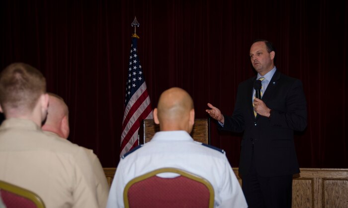 South Carolina Attorney General Alan Wilson discusses predatory business practices aimed at military members during a Town Hall briefing, May 4, 2015 at Joint Base Charleston – Weapons Station, S.C. Alan Wilson was first elected South Carolina’s 51st Attorney General on November 2, 2010 and re-elected for a second term on November 4, 2014. As South Carolina’s Attorney General, Wilson is the state’s chief prosecutor, chief securities officer and the state’s chief legal counsel.  (U.S. Air Force photo/Staff Sgt. AJ Hyatt)
