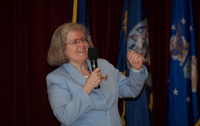 Holly Petraeus, Consumer Financial Protection Bureau Senior Federal Executive Office of Servicemember Affairs, speaks to military members during a Town Hall briefing, May 4, 2015 at Joint Base Charleston – Weapons Station, S.C. South Carolina Attorney General Alan Wilson accompanied Petraeus on the base visit to discuss financial resources available to the troops and to explain the role of the Office of Servicemember Affairs. (U.S. Air Force photo/Staff Sgt. AJ Hyatt)
