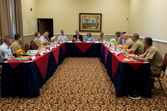 Holly Petraeus, Consumer Financial Protection Bureau Senior Federal Executive Office of Servicemember Affairs, and South Carolina Attorney General Alan Wilson meet with base leadership May 4, 2015 at Joint Base Charleston - Weapons Station, S.C. (U.S. Air Force photo/Senior Airman Jared Trimarchi) 