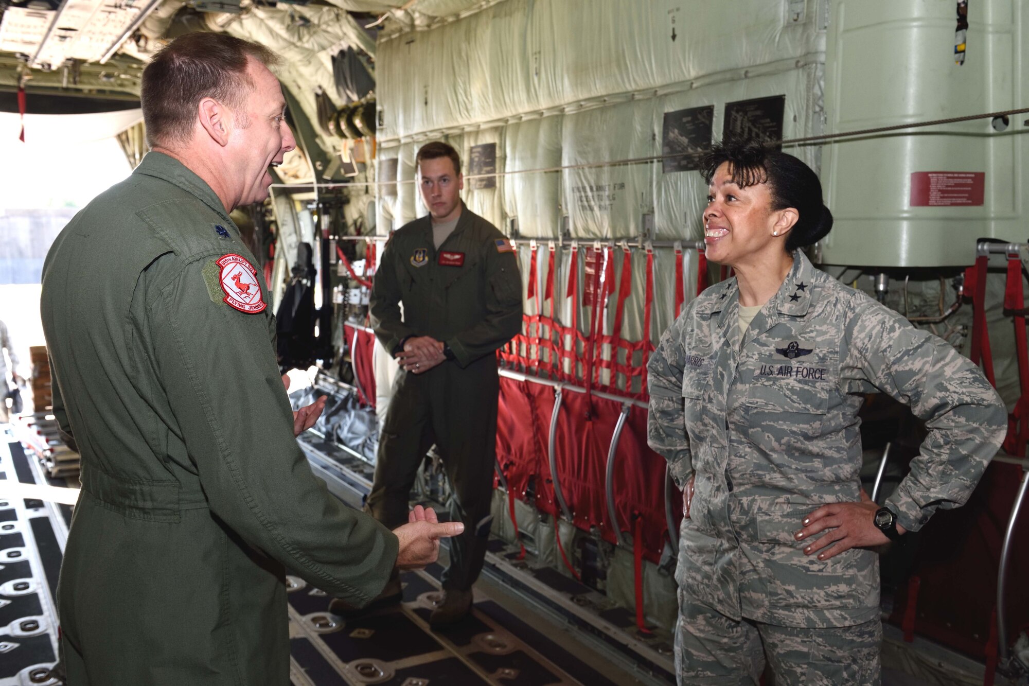 Maj. Gen. Stayce D. Harris, 22nd Air Force commander, receives a tour of a C-130J May 3, 2015, from Lt. Col. Shannon Hailes (left), 815th Airlift Squadron director of operations, at Keesler Air Force Base, Mississippi. Harris visited the 403rd Wing May 1-4, 2015, to interact with the Citizen Airmen and gain a better understanding of the organization and the wing’s mission. (U.S. Air Force photo/Tech. Sgt. Ryan Labadens)
