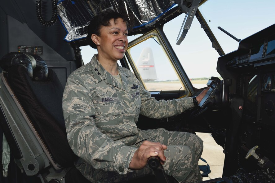 Maj. Gen. Stayce D. Harris, 22nd Air Force commander, sits in the pilot’s chair of a C-130J during a tour of the 815th Airlift Squadron May 3, 2015, at Keesler Air Force Base, Mississippi. Harris visited the 403rd Wing May 1-4, 2015, to interact with the Citizen Airmen and gain a better understanding of the organization and the wing’s mission. (U.S. Air Force photo/Tech. Sgt. Ryan Labadens)