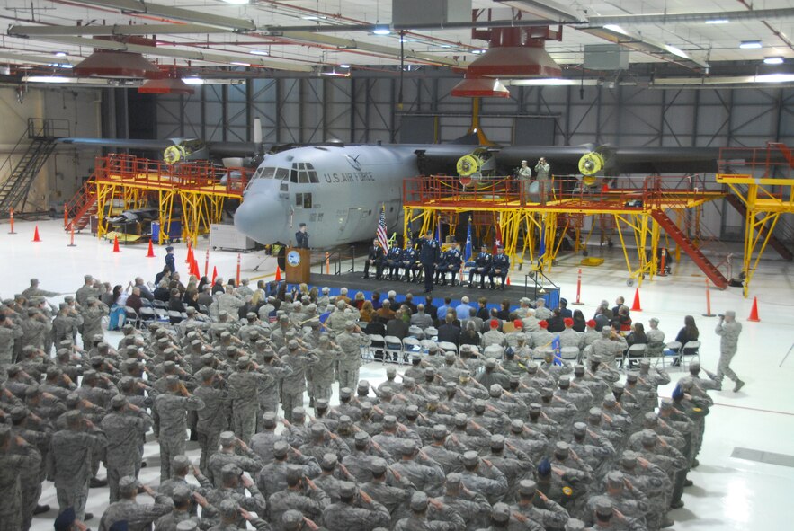 Col. Pete Hronek receives his final salute from the Airmen of the 120th Airlift Wing during the change of command ceremony March 7, 2015 in Great Falls. (Montana Air National Guard photo/Staff Sgt. Lindsey Soulsby) 