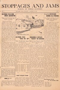 The “Stoppages and Jams” newspaper was the official newspaper of the School of Aerial Gunnery at Selfridge Field during World War I. This edition of the paper from Oct. 25, 1918, was recently discovered by a man in Indiana, who forwarded it to the 127th Wing at Selfridge for inclusion in the Selfridge Military Air Museum. The 8-page paper highlights a restriction to base due to a flu epidemic and includes a number of poems, evidently written by soldiers assigned to the base. (U.S. Air National Guard photo by Terry Atwell.) 