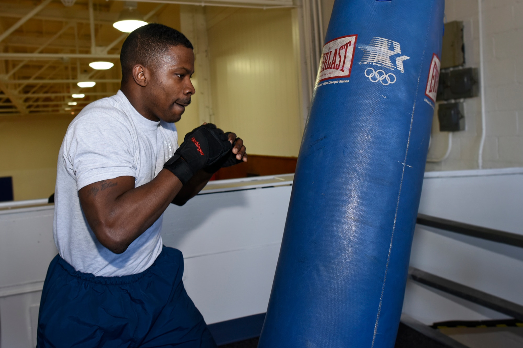 Airman 1st Class Onnie McSpadden works out with a heavy bag in the gym at Selfridge Air National Guard Base, Mich., April 28, 2015. McSpadden is a former boxer who now serves as a member of the 127th Wing, Michigan Air National Guard at Selfridge. (U.S. Air National Guard photo by Terry Atwell)