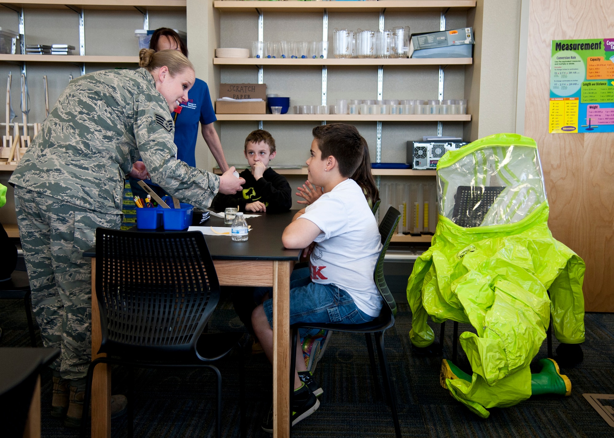 PETERSON AIR FORCE BASE, Colo. – Staff Sgt. Jennifer Hobson, 21st Aerospace Medical Squadron bioenvironmental engineering technician, explains how chemical testing strips work and the meaning behind the changing of the colors to fifth grade students from Mark Twain Elementary at the STARBASE Academy, April 30, 2015. Senior Airman James Boone and Hobson described some of their daily duties and the science behind the chemical suits, and explained how they conduct water and chemical testing. STARBASE is a Department of Defense youth program where local students come to Peterson and learn about science, technology, engineering and math. (U.S. Air Force photo by Senior Airman Tiffany DeNault)