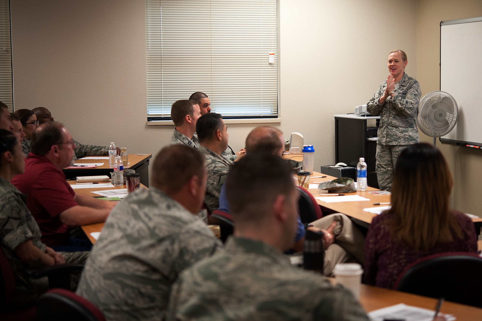 GOODFELLOW AIR FORCE BASE, Texas – Col. Kimberlee P. Joos, 17th Training Wing Commander, speaks to base personnel during the Flight Commander Course at the Consolidated Learning Center April 21. The Flight Commander Course is a non-standardized Air Force program designed to help flight commanders understand their duties before entering the position. (U.S. Air Force photo/ Airman 1st Class Devin Boyer)