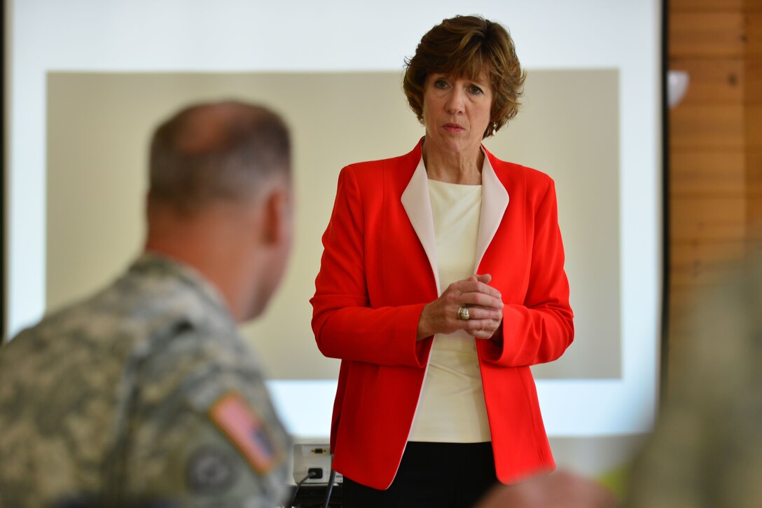 Dr. Anne Munch, prosecutor and domestic violence victims’ advocate, answers questions during bystander intervention training for leaders at Fort Eustis, Va., April 29, 2015. The training involved an open forum of discussion as well as hands-on exercises that gave participants a better understanding of how sexual assaults occur and how they can be prevented. (U.S. Air Force photo by Staff  Sgt. Natasha Stannard/Released)