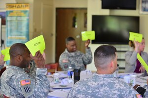 Fort Eustis leaders participate in bystander intervention training at Fort Eustis, Va., April 29, 2015. The training focused on identifying potential victims, offenders and the role of bystanders in preventing sexual assaults. During this exercise the participants raised an action card to identify when they would have intervened in a potential sexual assault scenario. (U.S. Air Force photo by Staff Sgt. Natasha Stannard/Released)