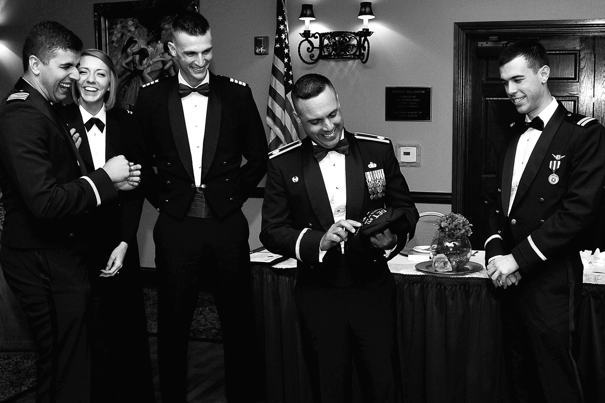 U.S. Air Force Lt. Col. Pedro E. Matos, Air Force ROTC Detachment 847 Commander, receives a signed memento from the senior cadets at the 45th Annual 847th Cadet Wing Dining Out Awards Banquet at the LeGrande Alumni Center in San Angelo, Texas May 1, 2015. The detachment slogan is “Best in the Southwest” due to the numerous accolades earned as a unit and by individual members. (U.S. Air Force photo/Tech. Sgt. Austin Knox)