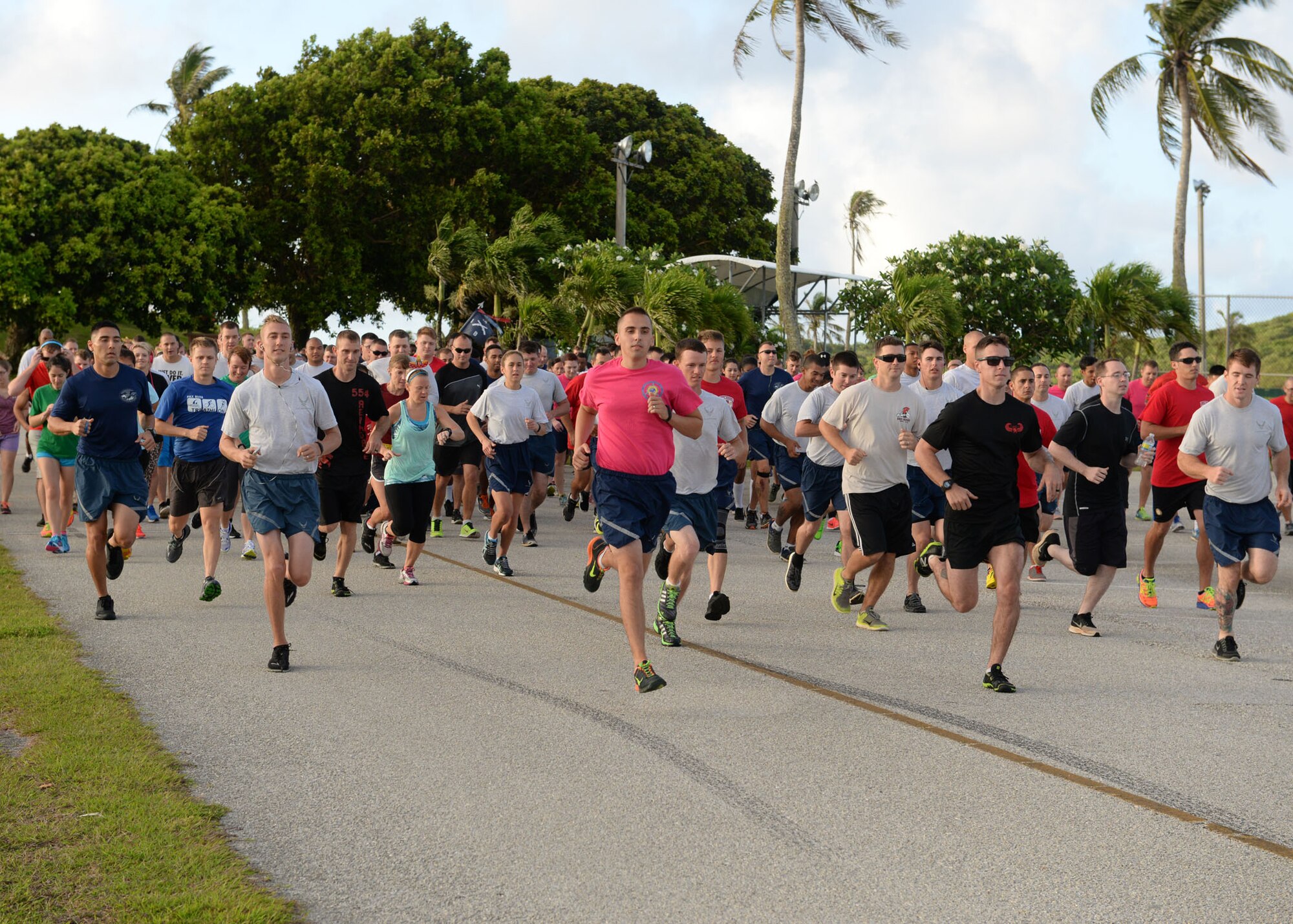 Contestants begin the Cinco De Mayo 5K hosted by the Coral Reef Fitness Center team May 5, 2015, at Andersen Air Force Base, Guam. The fastest runner finished with a time of 19:12. The date is observed to commemorate the Mexican army's victory over French forces at the Battle of Puebla on May 5, 1862. (U.S. Air Force photo by Airman 1st Class Joshua Smoot/Released)
