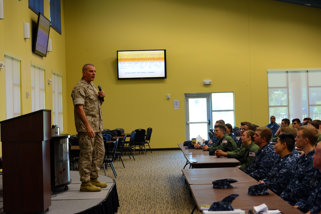 Marine Corps Sgt. Maj. Bryan B. Battaglia, senior enlisted advisor to the chairman of the Joint Chiefs of Staff, addresses sailors and Marines during an “all-hands” call at Naval Air Station Jacksonville, Fla., May 4, 2015. DoD photo by Army Sgt. 1st Class Tyrone C. Marshall Jr.