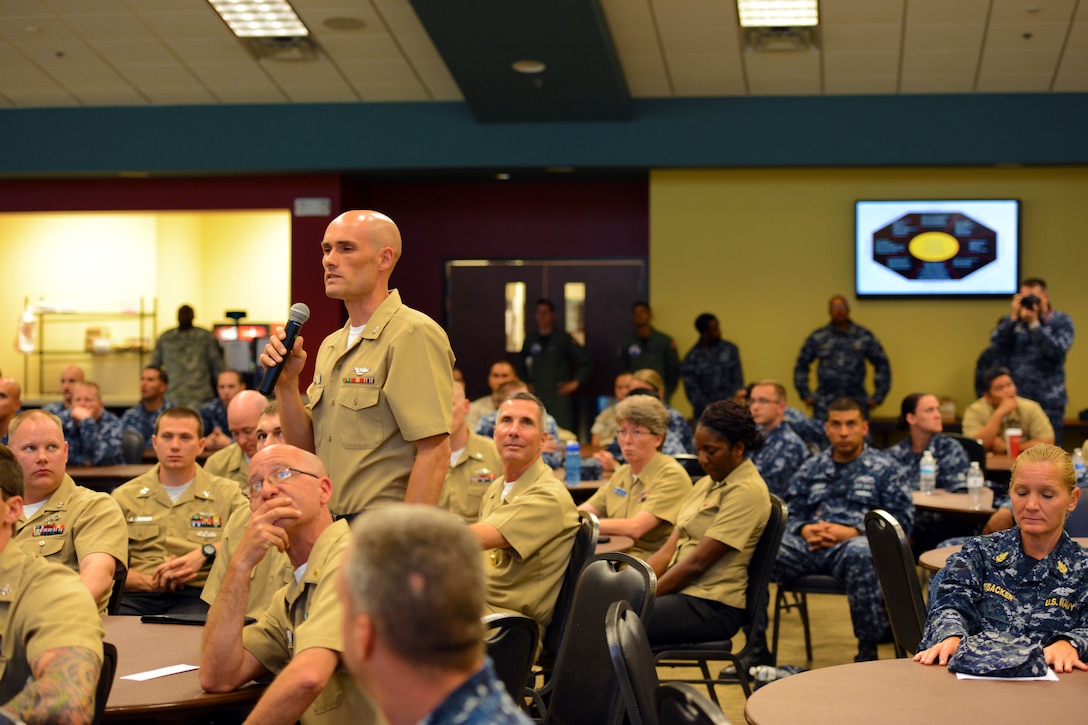 Navy Petty Officer 2nd Class Michael McCarthy, standing, assigned to Patrol Squad 30, asks Marine Corps Sgt. Maj. Bryan B. Battaglia, senior enlisted advisor to the chairman of the Joint Chiefs of Staff, a question during a town hall meeting at Naval Air Station Jacksonville, Fla., May 4, 2015. DoD photo by Army Sgt. 1st Class Tyrone C. Marshall Jr.
