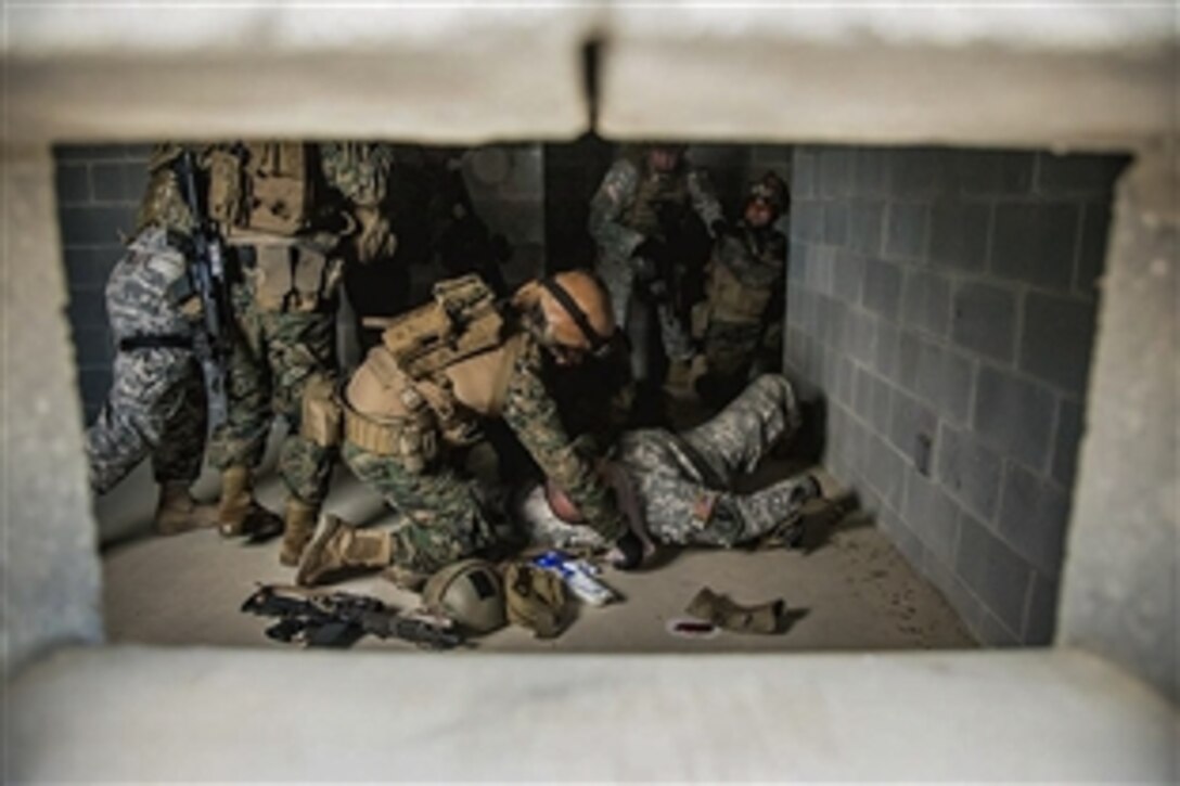 Chilean and U.S. Special Forces soldiers treat a simulated casualty during a bilateral training exchange on Camp Shelby, Miss., April 28, 2015. 