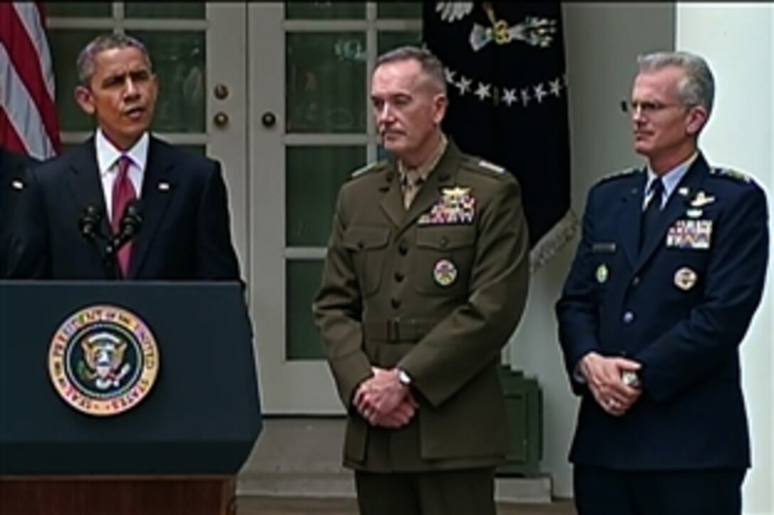 President Barack Obama nominates Marine Corps Gen. Joseph F. Dunford Jr. to serve as the next chairman of the Joint Chiefs of Staff and Air Force Gen. Paul J. Selva to serve as the next vice chairman during an announcement at the White House in Washington, D.C., May 5, 2015. If the Senate confirms the nominations, Dunford would succeed Army Gen. Martin E. Dempsey and Selva would succeed Navy Adm. James A. Winnefeld Jr.
