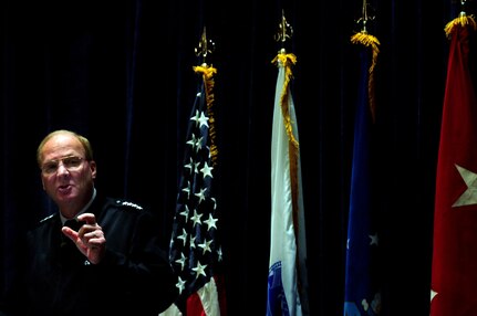 Air Force Gen. Craig R. McKinley, chief of the National Guard Bureau, addresses attendees at the 2010 NGB Sexual Assault Prevention and Response Leadership Summit in Washington, D.C., Nov. 1, 2010.