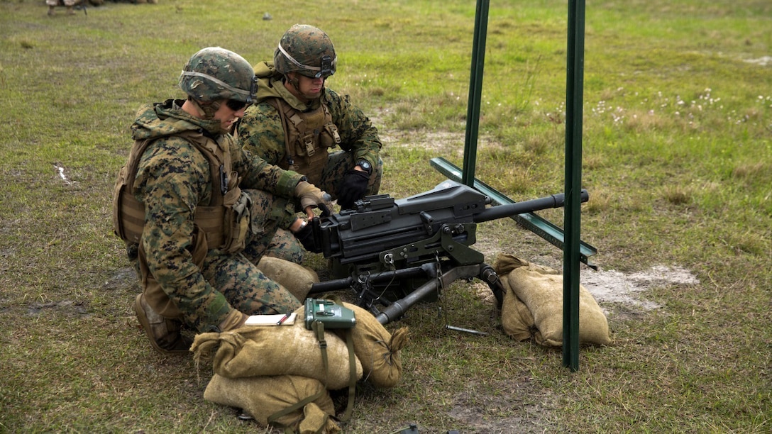 Marines from 2nd Marine Division set up the MK-19 grenade launcher on a tripod at range G-3 during the Advanced Machine Gunners Course aboard Camp Lejeune, N.C., April 30, 2015. In order to learn a new engagement method previously only employed by mortarmen, the Marines shot the MK-19 grenade launcher from behind a berm at targets that were not visible to them so that they could fire at the enemy without being in harm’s way. (U.S. Marine Corps Photo by Lance Cpl. Aaron Fiala/Released)