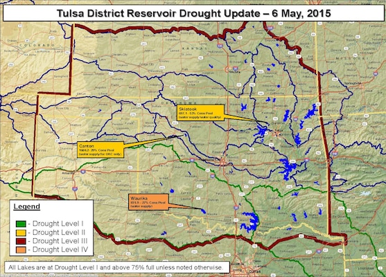 As of April 28, approximately 37 percent of the lower 48 states remained in some level of drought. Tulsa District varied from normal conditions in some eastern areas to the exceptional drought level in western portions.  