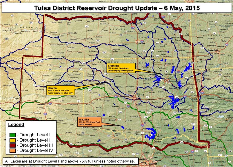 As of April 28, approximately 37 percent of the lower 48 states remained in some level of drought. Tulsa District varied from normal conditions in some eastern areas to the exceptional drought level in western portions.  