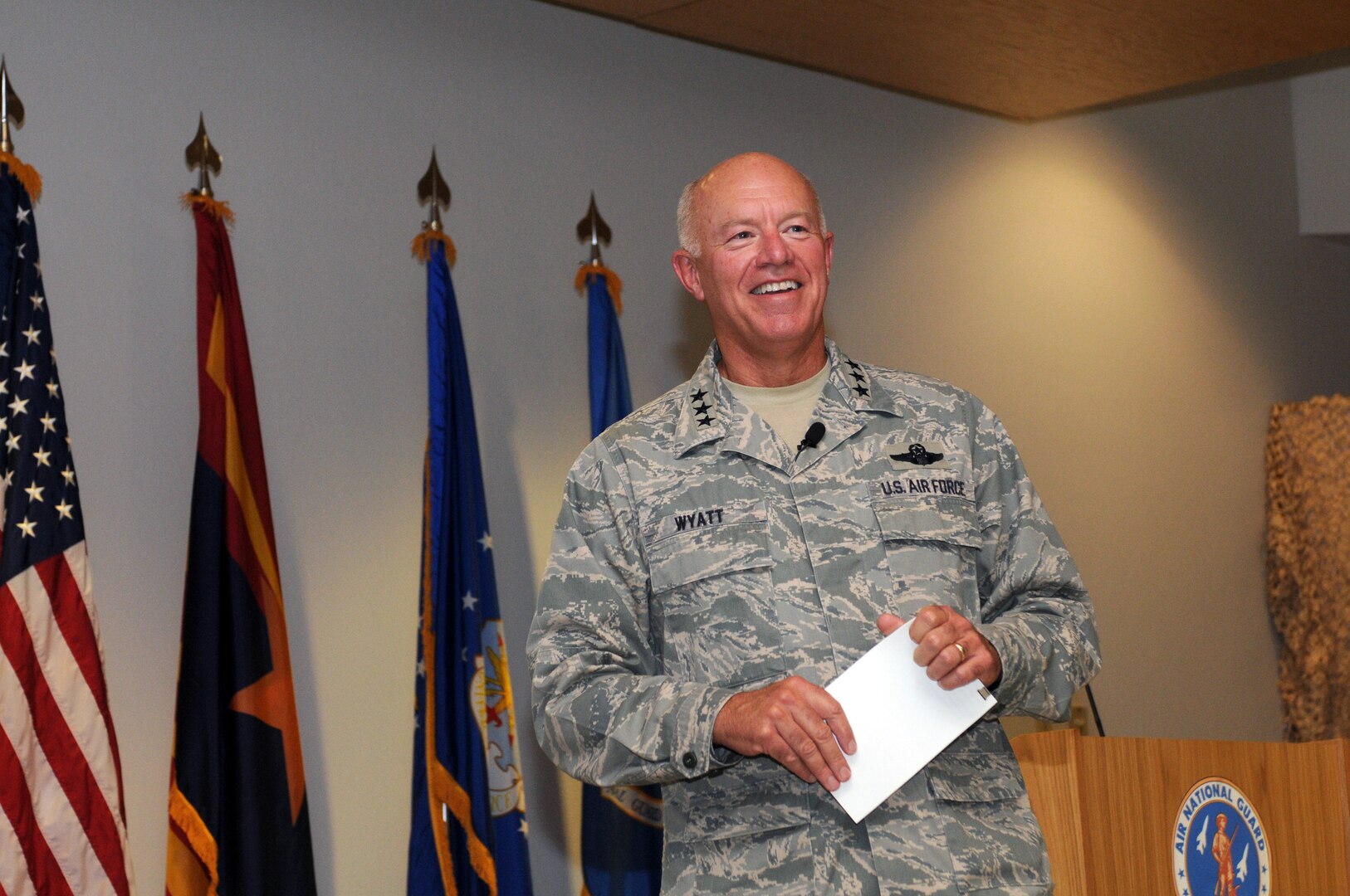 Lt. Gen. Harry M. Wyatt III, director of the Air National Guard, welcomes
employers to the 162nd Fighter Wing at a combat dining out for Business and Industry Days Oct. 27, 2010. The dinner introduced about 100 business leaders to the expeditionary nature of service in today's Air National Guard. The regional event helped build positive relations between the Air Guard and Western United States employers who hire Guardsmen.