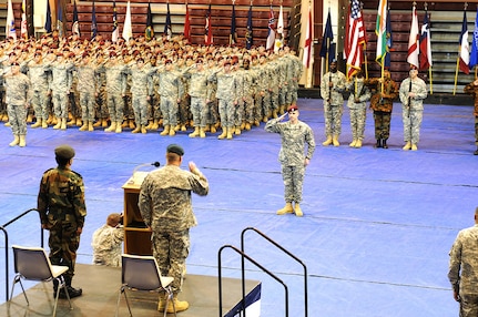 Soldiers of U.S. Army Alaska and the Indian Army stand in formation during the Yudh Abhyas 2010 opening ceremony of the annual joint and bilateral training exercise at Buckner Physical Fitness Center, Joint Base Elmendorf-Richardson, Alaska Oct. 31, 2010. Yudh Abhyas is an annual training exercise designed to strengthen ties between the armies by expanding operational and cultural knowledge with a training focus on peacekeeping operations.