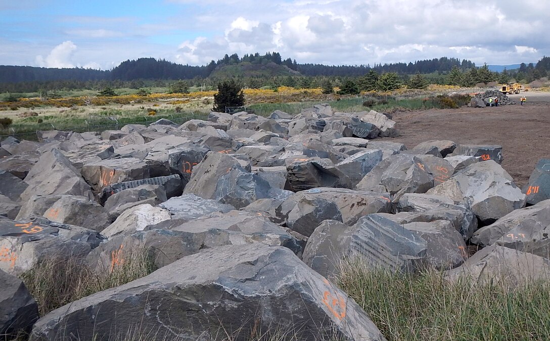 The U.S. Army Corps of Engineers is staging equipment and material to repair the 100-year-old navigation structure. The construction is required to maintain the jetty system, which provides safe transit to ships travelling between the Columbia River and Pacific Ocean. 