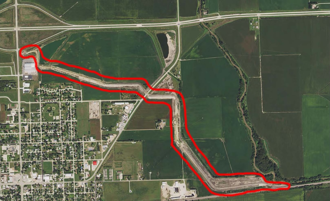 2014 National Agriculture Imagery Program photo showing construction of the Shell Creek levee in Schuyler, Nebraska. The levee is outlined in red.