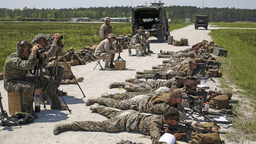 Marine scout sniper candidates with Scout Sniper Platoon, 2nd Battalion, 2nd Marine Regiment fire at targets from an unknown distance during a live-fire exercise at SR-10 aboard Marine Corps Base Camp Lejeune, North Carolina, April 22, 2015. The live-fire exercise was the last event during a two-week Basic Scout Sniper Course Preparation Course.