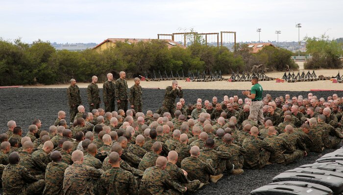 Recruits of Bravo Company, 1st Recruit Training Battalion, have their combat stances evaluated during a Marine Corps Martial Arts Program lesson at Marine Corps Recruit Depot San Diego, April 22. Marine Corps Martial Arts Program techniques were demonstrated by drill instructors in order to give recruits a visual of how to perform the move properly. Today, all male recruits recruited from recruiting stations west of the Mississippi are trained at MCRD San Diego. The depot is responsible for training more than 16,000 recruits annually. Company B is scheduled to graduate from recruit training on July 10.
