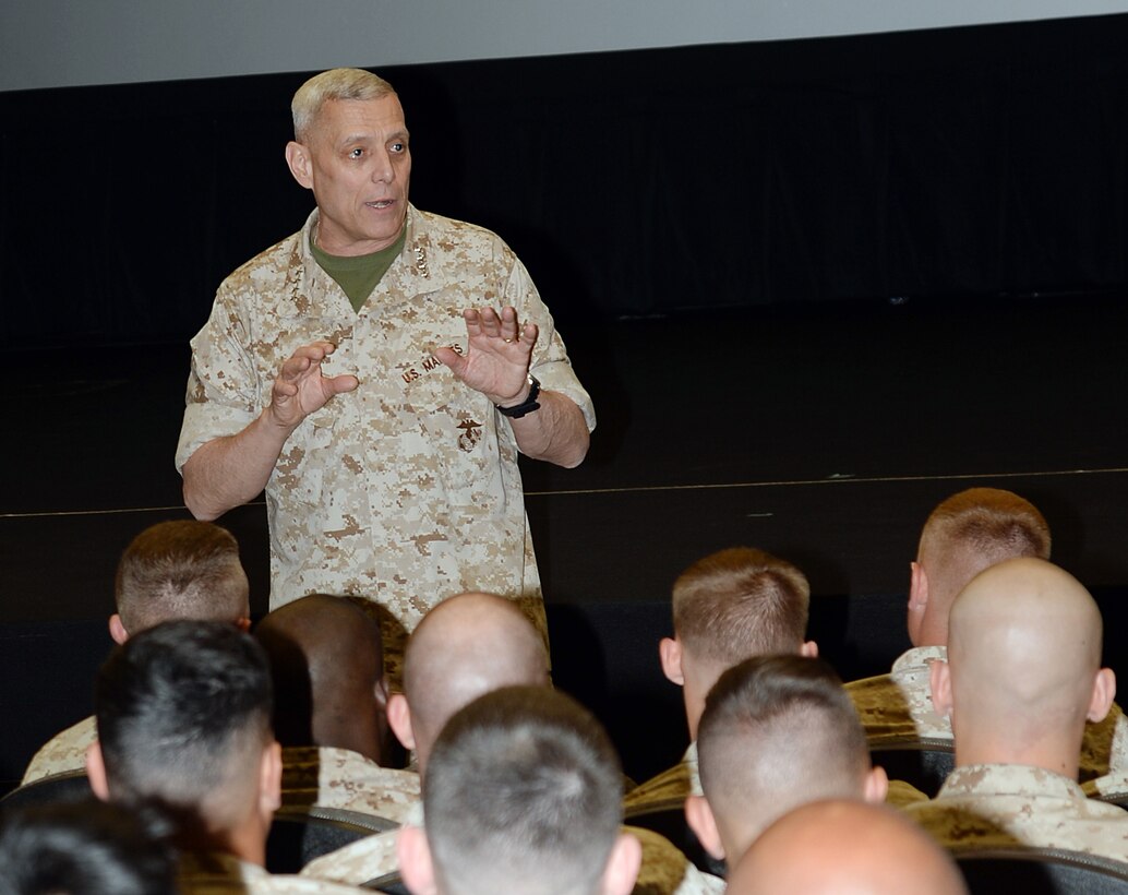 To update his Marines here on the state of the Corps, the 33rd Assistant Commandant of the Marine Corps conducts a town hall meeting at Marine Corps Logistics Base Albany’s Base Theater, May 5. Gen. John M. Paxton Jr., who assumed his current post, Dec. 15, 2012, spoke about the Corps' combat missions, current operations, deployments, logistics support, equipment and training.