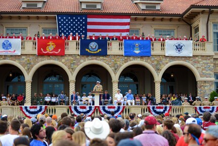 Marine Corps Sgt. Maj. Bryan B. Battaglia, senior enlisted advisor to the chairman of the Joint Chiefs of Staff, speaks at a PGA Tour and The Players Championship military appreciation day ceremony at the TPC Sawgrass clubhouse lawn in Ponte Vedra Beach, Fla., May 15, 2015.