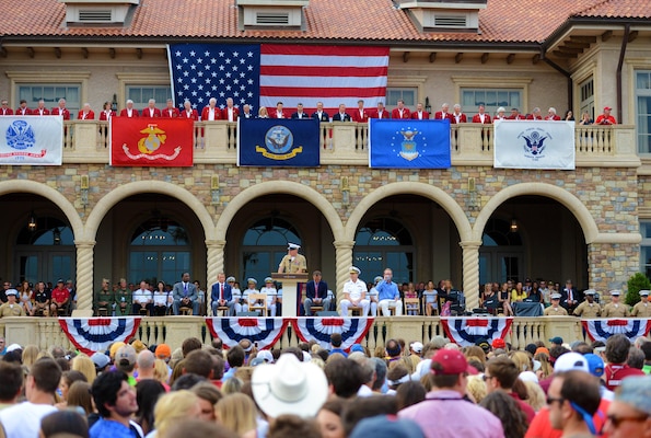 Marine Corps Sgt. Maj. Bryan B. Battaglia, senior enlisted advisor to the chairman of the Joint Chiefs of Staff, speaks at a PGA Tour and The Players Championship military appreciation day ceremony at the TPC Sawgrass clubhouse lawn in Ponte Vedra Beach, Fla., May 15, 2015.