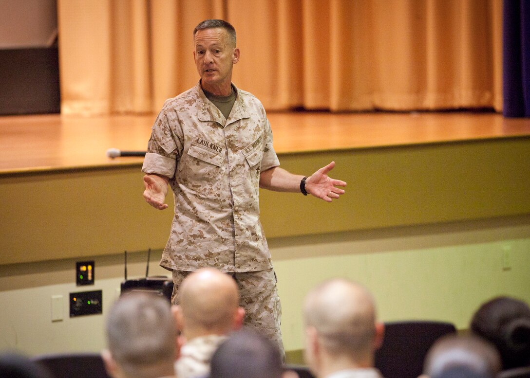 Deputy Commandant for Installations and Logistics, Lt. Gen. William M. Faulkner, speaks during a town hall with Marine Corps Forces Central Command at MacDill Air Force Base, Tampa, Fla., May 5, 2015. (U.S. Marine Corps photo by Cpl. Tia Dufour/Released)