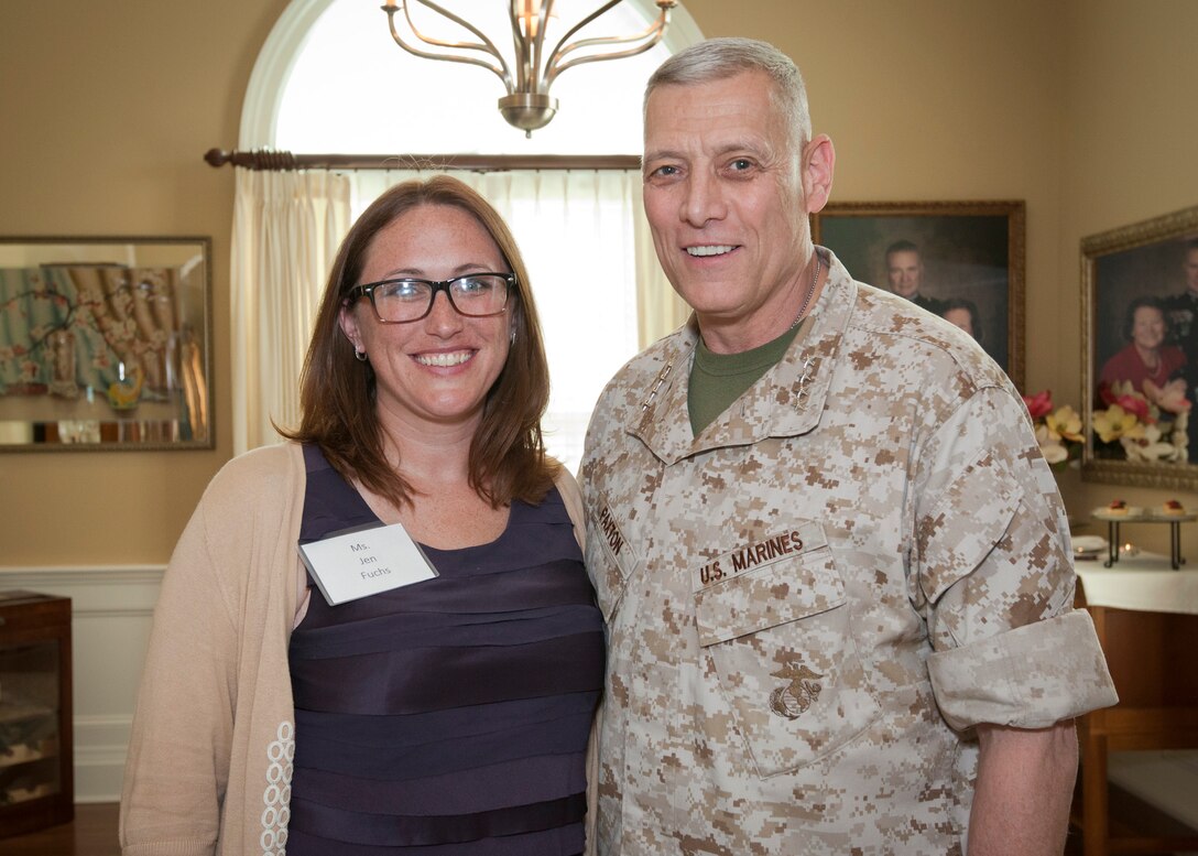 The Assistant Commandant of the U.S. Marine Corps, Gen. John M. Paxton, Jr., right, poses for a photo while visiting Marine Corps Forces Central Command at MacDill Air Force Base, Tampa, Fla., May 5, 2015. (U.S. Marine Corps photo by Cpl. Tia Dufour/Released)
