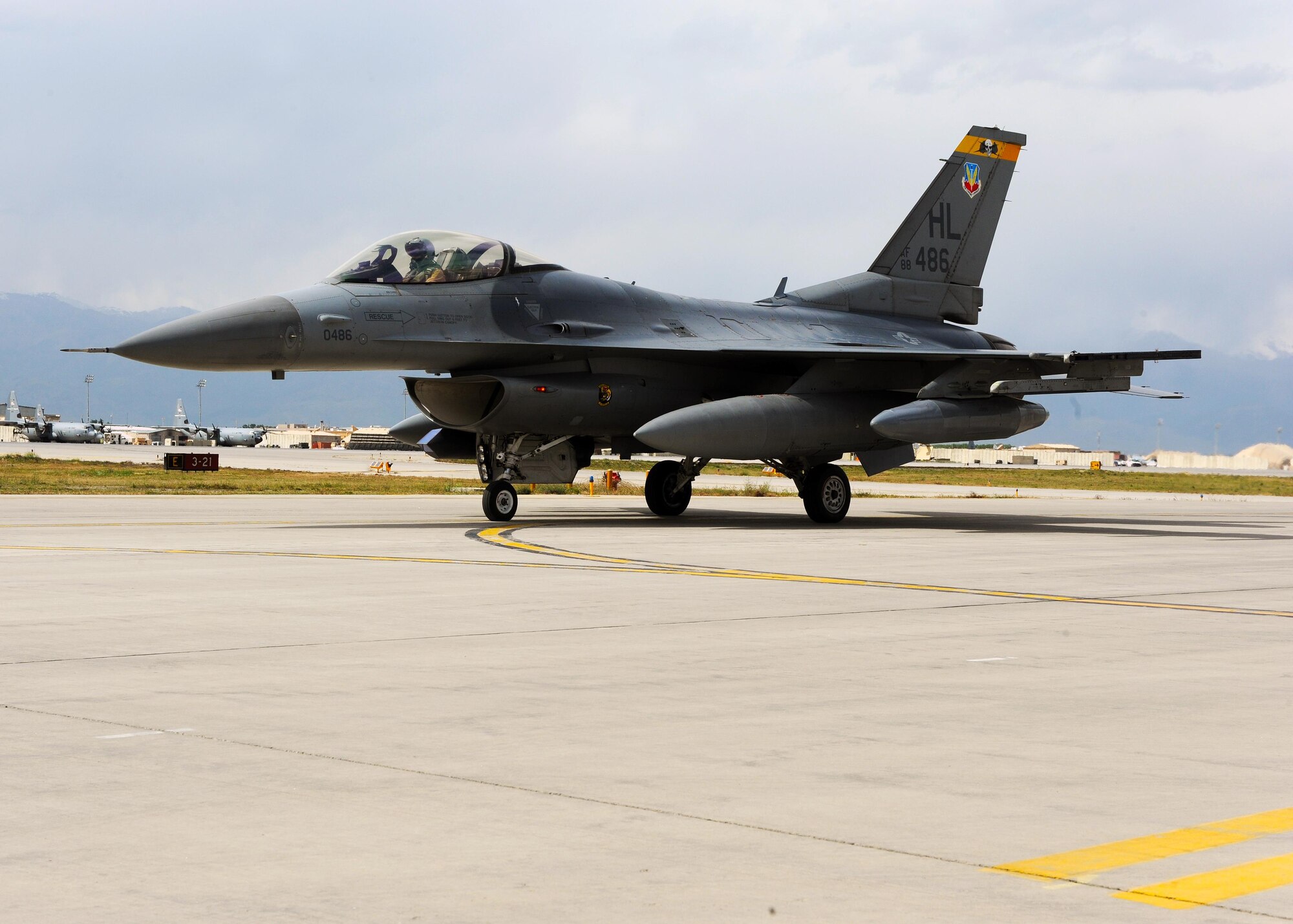 An F-16 Fighting Falcon aircraft, assigned to the 4th Fighter Squadron from Hill Air Force Base, Utah, taxis to a runway April 30, 2015 at Bagram Airfield, Afghanistan. The “Fuujins” of the 4 FS provided decisive airpower to ground commanders in Afghanistan throughout their six month deployment, flying more than 8,000 hours in the F-16 in support of operations Enduring Freedom and Freedom’s Sentinel. (U.S. Air Force photo by Staff Sgt. Whitney Amstutz/Released)