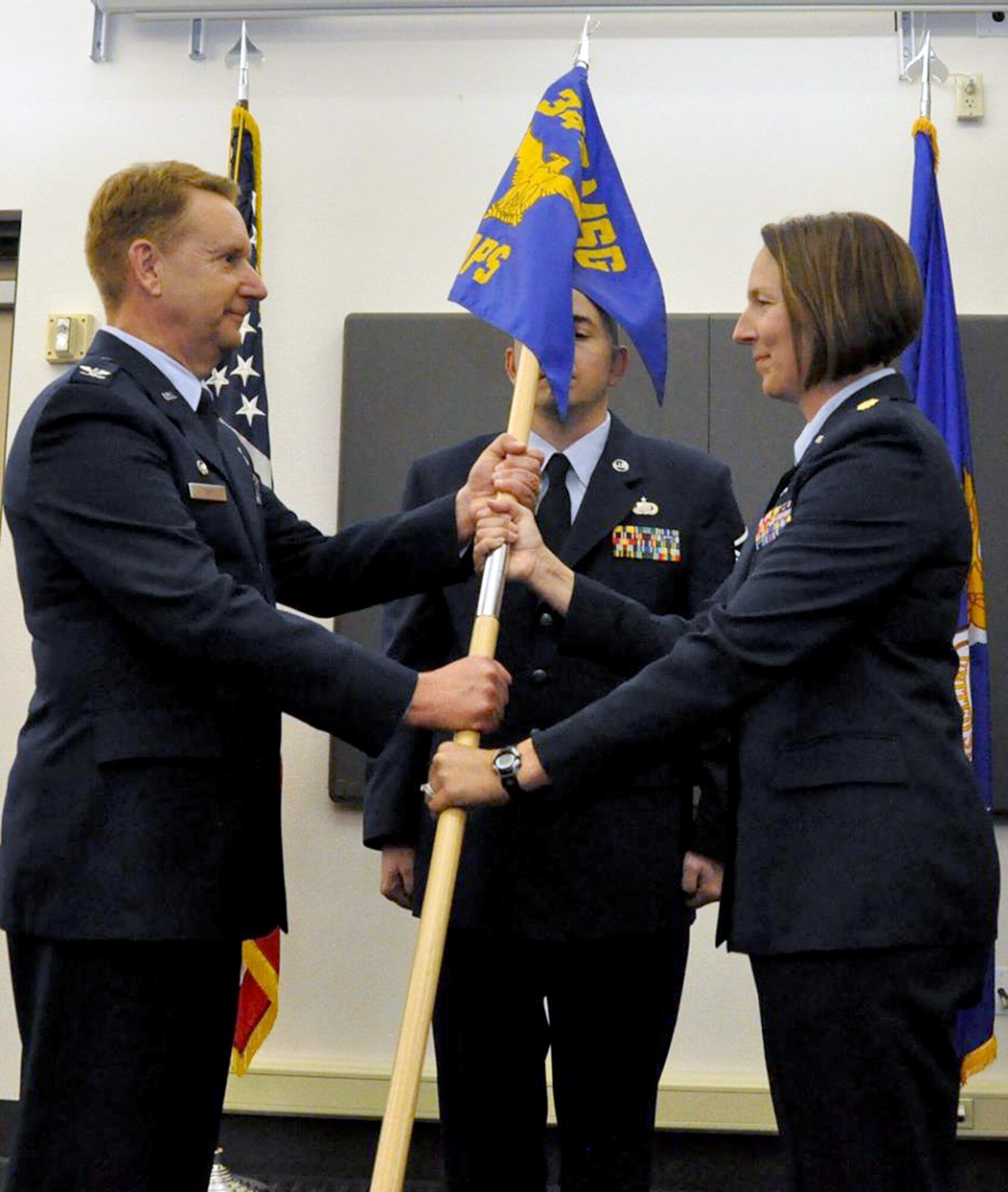 TRAVIS AIR FORCE BASE, Calif. -- Maj. Jolane P. McCarthy assumed command of the 45th Aerial Port Squadron at Travis Air Force Base, Calif. on May 2, 2015. McCarthy is a distinguished graduate of the Logistics Readiness Officer Course and Squadron Officer School. (U.S. Air Force photo/ Senior Airman Sajjan Singh)
