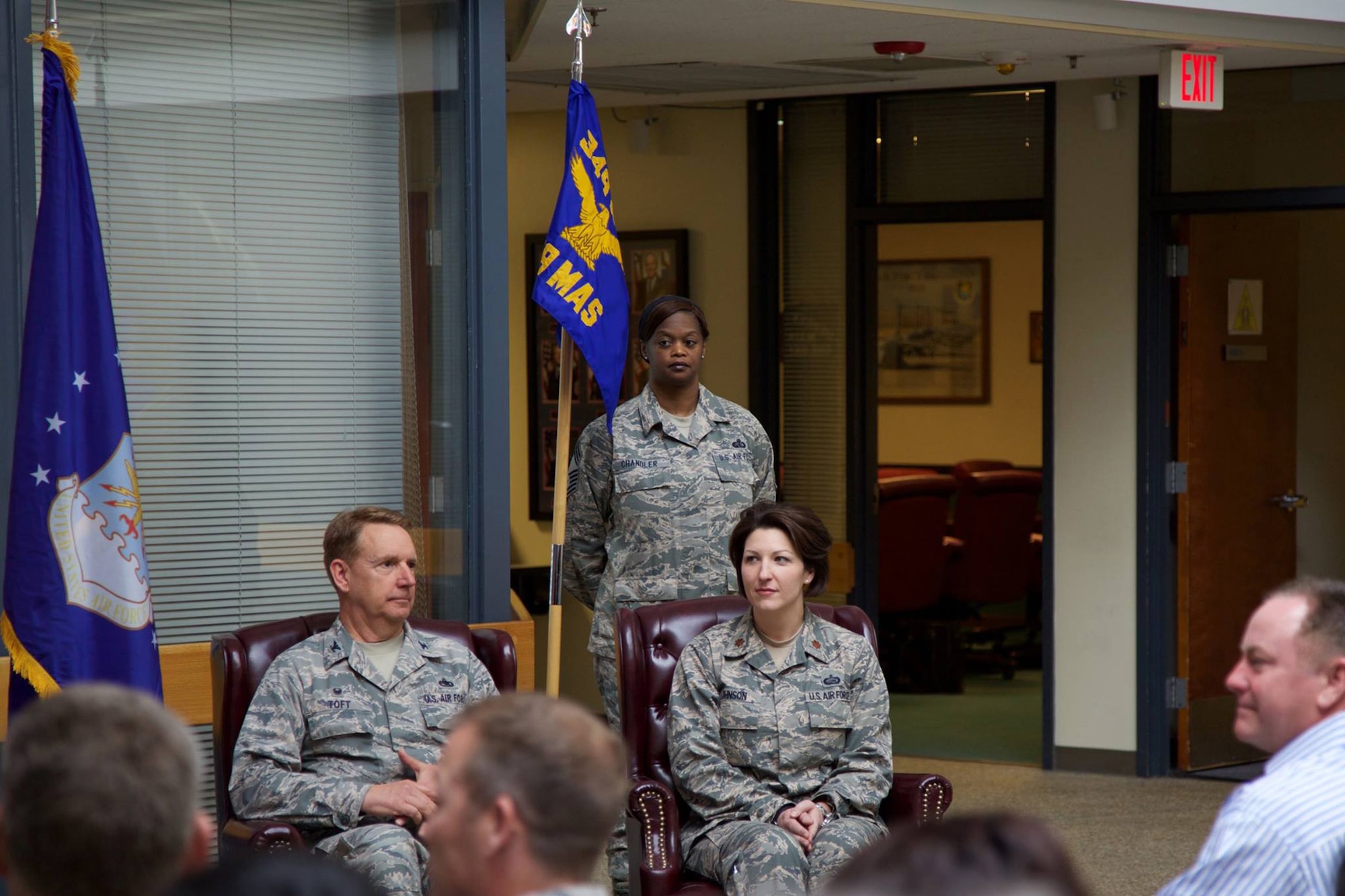 TRAVIS AIR FORCE BASE, Calif. -- Maj. Melissa Johnson, 349th Memorial Affairs Squadron commander relinquished command to Col. Stuart Toft, Mission Support Group commander at Travis Air Force Base, Calif. on May 2, 2015, as the 349 MAS is officially inactivated,  (U.S. Air Force photo/Capt. Samuel Lee)
