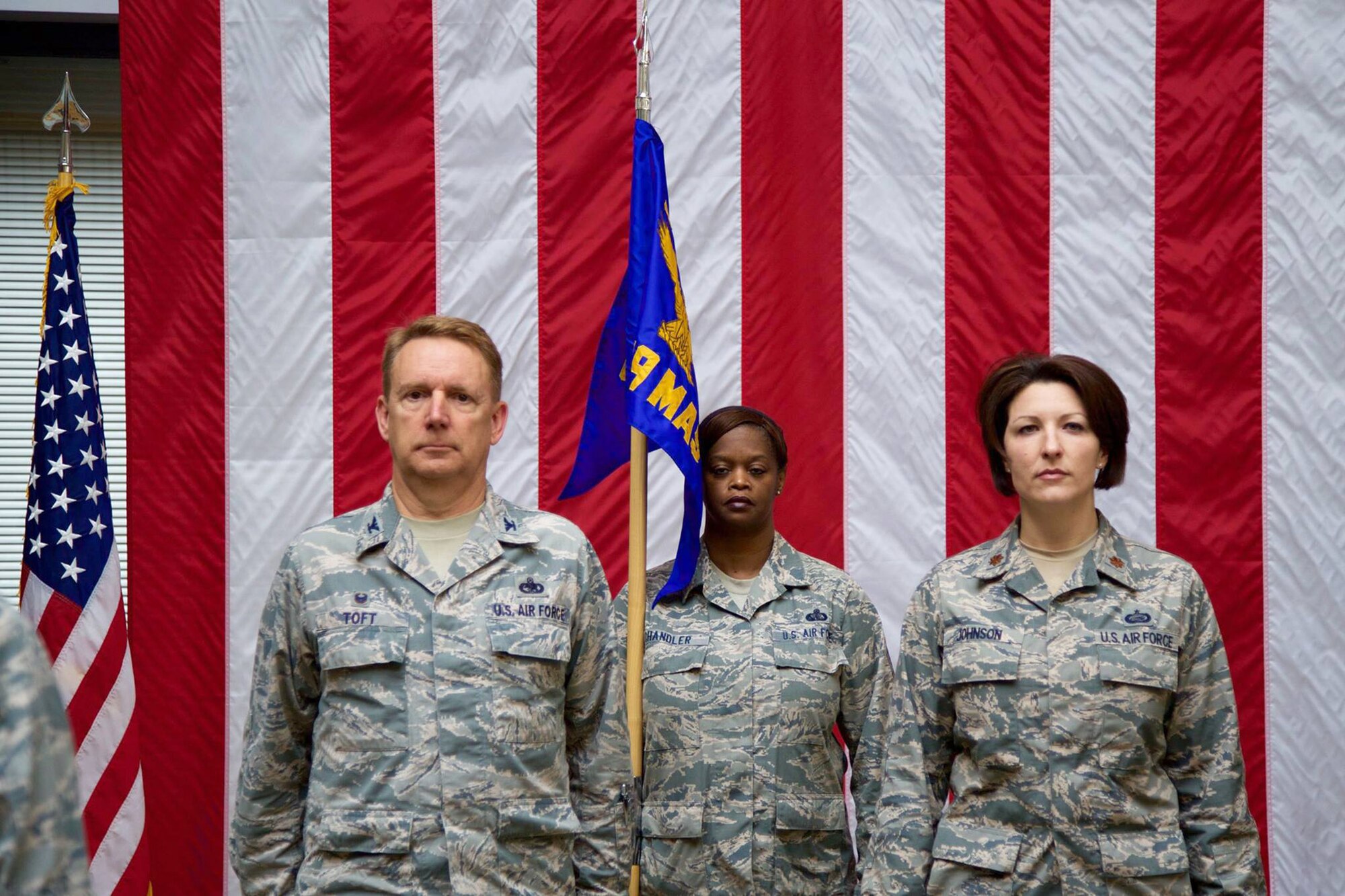 TRAVIS AIR FORCE BASE, Calif. -- Maj. Melissa Johnson, 349th Memorial Affairs Squadron commander relinquished command to Col. Stuart Toft, Mission Support Group commander at Travis Air Force Base, Calif. on May 2, 2015, as the 349 MAS is officially inactivated,  (U.S. Air Force photo/Capt. Samuel Lee)
