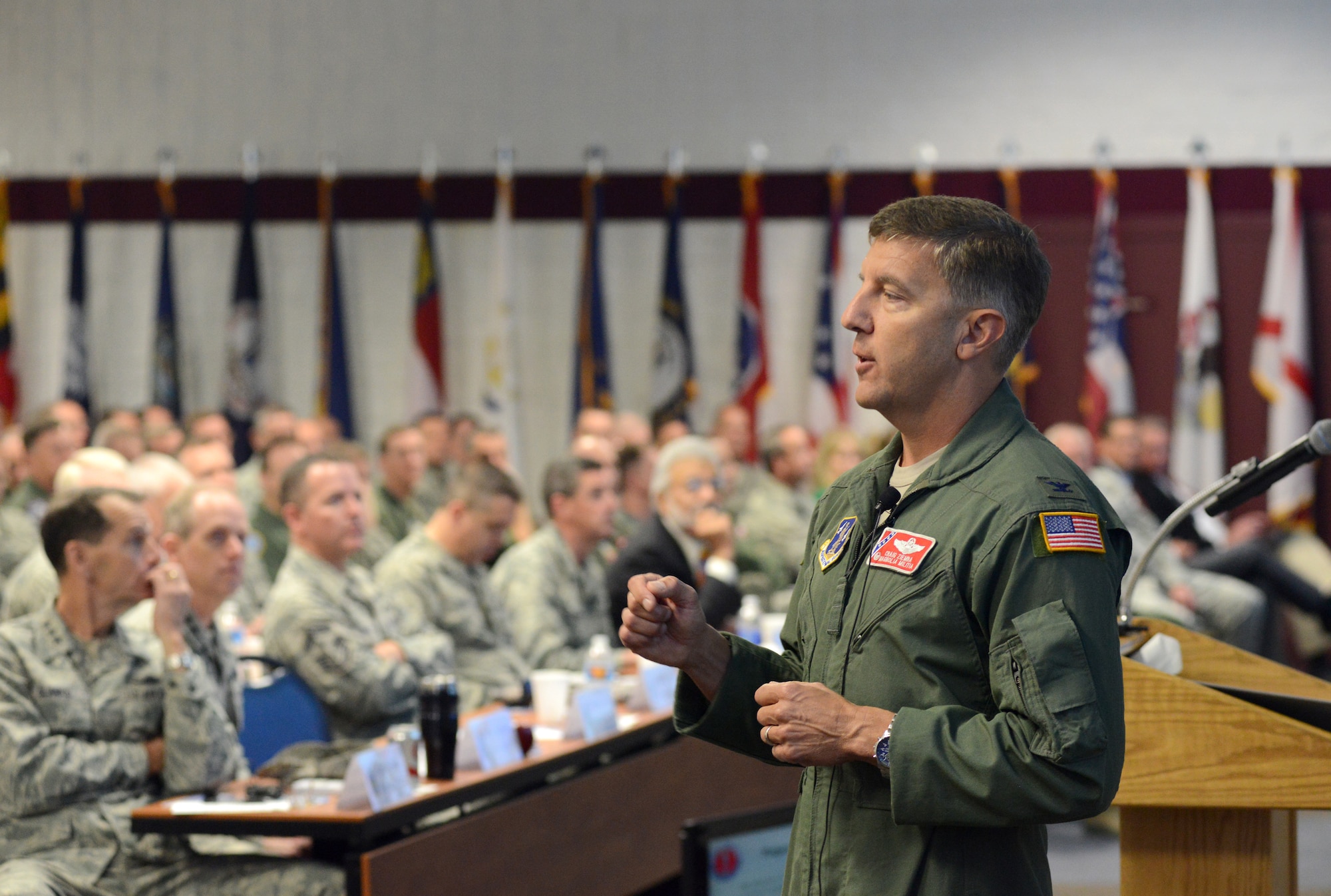 Col. Craig Ziemba, director of joint operations, Mississippi National Guard, discusses the Mississippi's manned intelligence, surveillance and reconnaissance program during the 2015 Air National Guard Executive Safety Summit at Volk Field Combat Readiness Training Center, Wisconsin, May 5, 2015. The conference covers a wide range of topics for ANG senior leaders including safety, resilience, mishap prevention and training. (US Air National Guard photo by Staff Sgt. John E. Hillier/RELEASED)