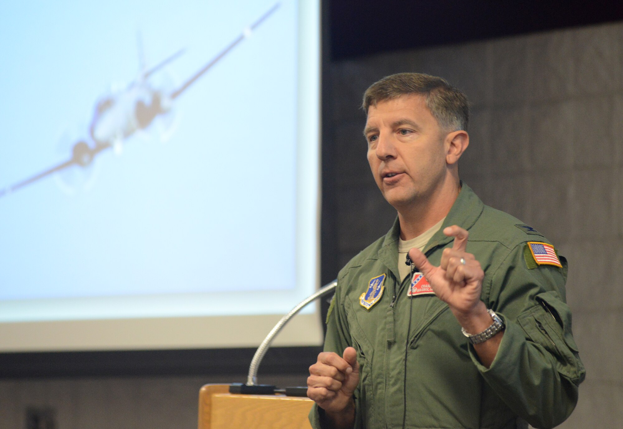 Col. Craig Ziemba, director of joint operations, Mississippi National Guard, discusses the Mississippi's manned intelligence, surveillance and reconnaissance program during the 2015 Air National Guard Executive Safety Summit at Volk Field Combat Readiness Training Center, Wisconsin, May 5, 2015. The conference covers a wide range of topics for ANG senior leaders including safety, resilience, mishap prevention and training. (US Air National Guard photo by Staff Sgt. John E. Hillier/RELEASED)