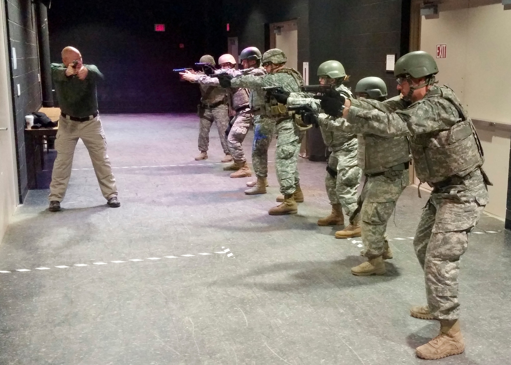 Cadets from the U.S. Military Academy at West Point visited Joint Base McGuire-Dix-Lakehurst to take part in a Judgment-based Engagement Training course provided by the U.S. Air Force Expeditionary Center Judge Advocate May 2 through 3. The 18 West Point Cadets participated in classroom lectures, a Firearms Training Simulator, and action and reaction scenarios to practice making lawful decisions in real-time.(courtesy photo)