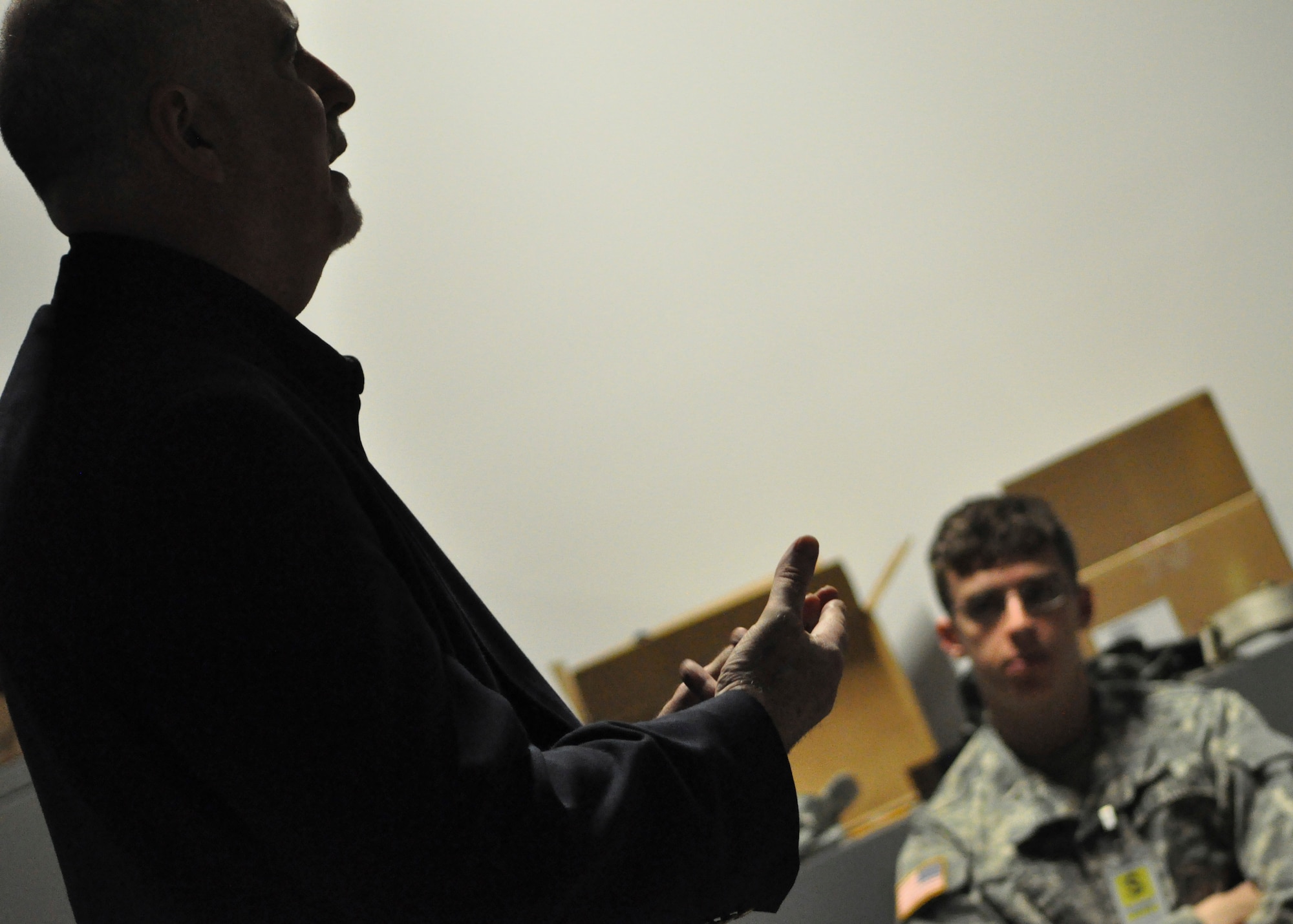 David Bolgiano, a teacher and author on deadly force encounters, provides a pre-brief to U.S. Military Academy Cadets preparing to enter a Firearms Training Simulator May 2. The Cadets participated in a two-day Judgment-based Engagement Training course provided by the U.S. Air Force Expeditionary Center Judge Advocate at Joint Base McGuire-Dix-Lakehurst. The 18 West Point Cadets also participated in classroom lectures and action and reaction scenarios to practice making lawful decisions in real-time.(U.S. Air Force photo/Capt. Matthew Chism)