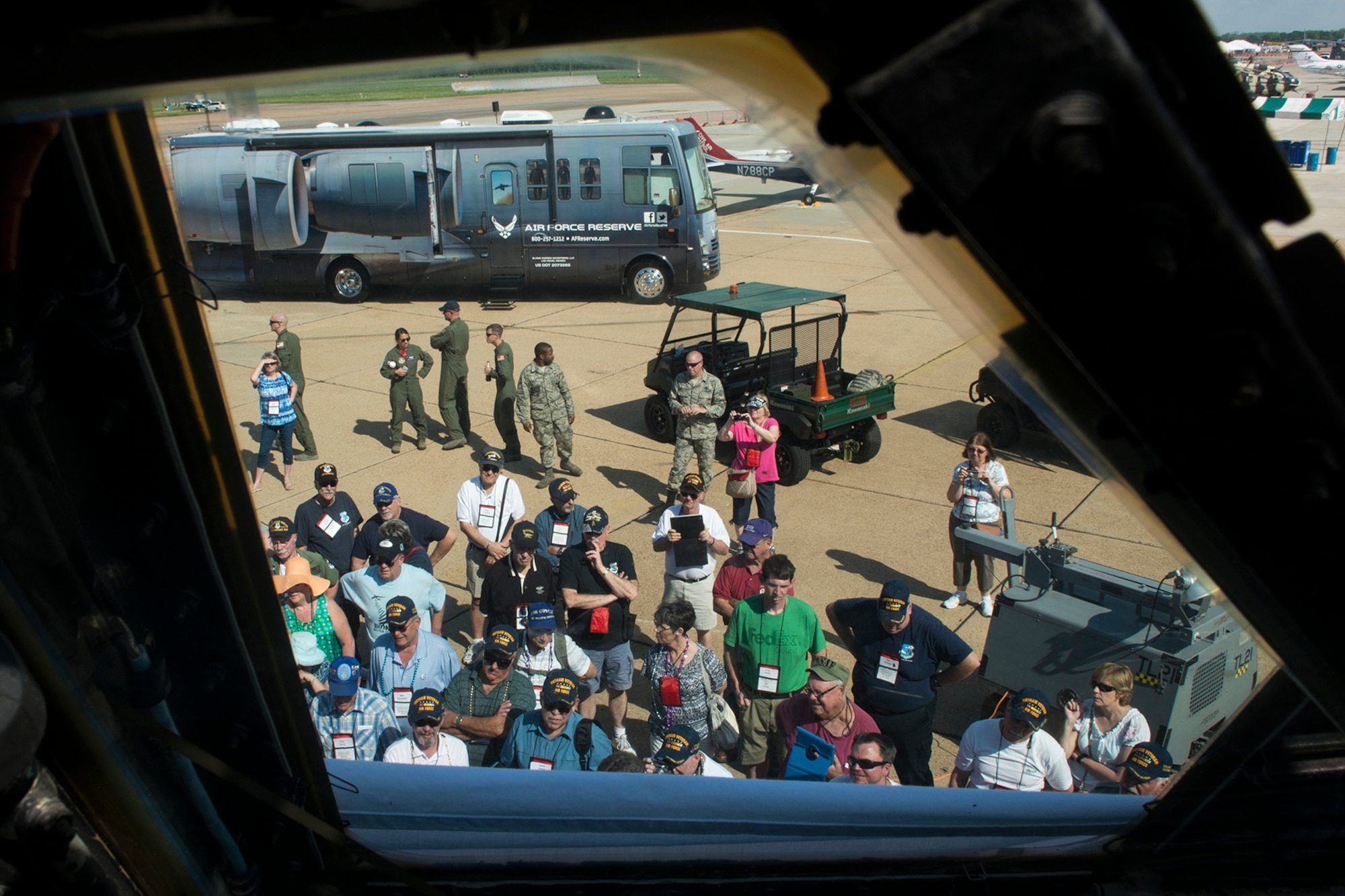 Members of the UTapao Alumni Association attend the unveiling event of a 307th Bomb Wing B-52H Stratofortress nose art on May 1, 2015, Barksdale Air Force Base, La. The Wing is assigned under the Air Force Reserve Command, and the nose art is dedicated in commemoration of the 50th Anniversary of the start of the Vietnam War. (U.S. Air Force photo by Master Sgt. Greg Steele/Released)
