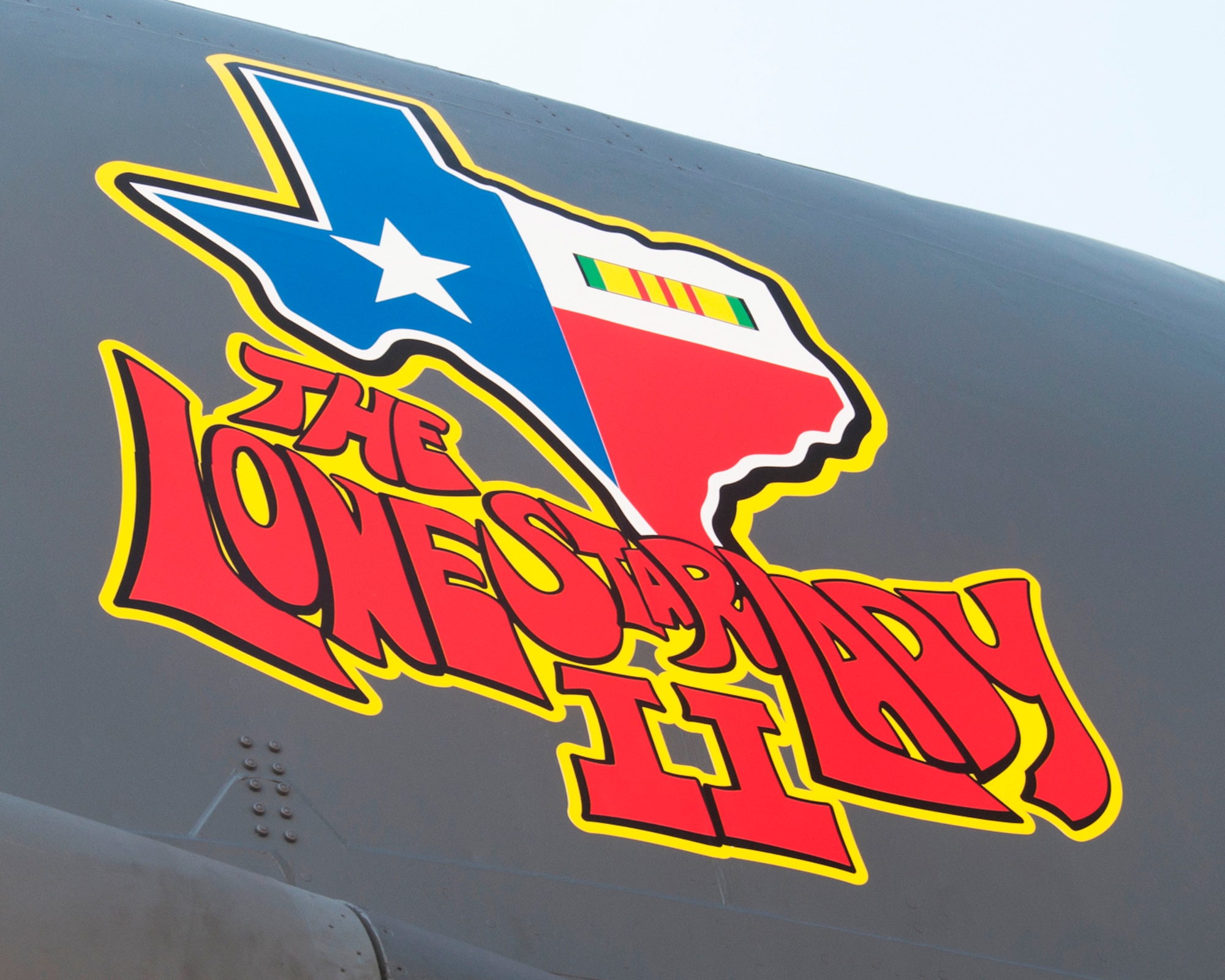 The Lone Star Lady II nose art was unveiled on a B-52 Stratafortress, on May 1, 2015 in front of a group of 307th Bomb Wing Vietnam Veteran alumni at Barksdale Air Force Base, La. The nose art commemorates the 50th anniversary of the Vietnam War and honors the veterans that served during that time. The original Lone Star Lady flew in the Linebacker II bombing raid in 1972 against targets in North Vietnam. She was operated by the 7th Bomb Wing at Carswell AFB, Texas, withdrawn from service on November 5, 1982 and is on display at Pima Air & Space Museum, adjacent to Davis-Monthan AFB, Ariz. (U.S. Air Force photo by Tech. Sgt. Ted Daigle/Released)