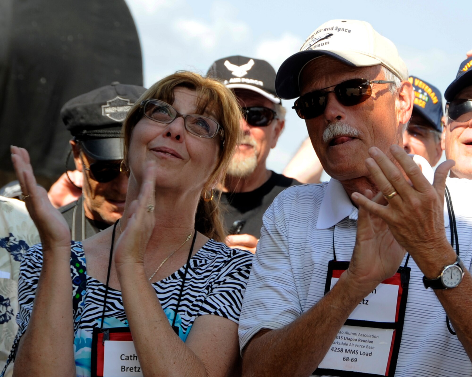A Vietnam vet and his wife applaud as the nose art Lone Star Lady II was dedicated in memoriam to the Vietnam Veterans at the Defenders of Liberty Air Show at Barksdale Air Force Base, La. on May 1, 2015. The replication is the 307th Bomb Wing’s part to honor the service and sacrifice make by the Vietnam Veterans during the 50 Year Anniversary Commemoration. (U.S. Air Force photo by Master Sgt. Laura Siebert/Released) 