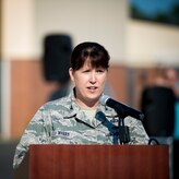 Col. Amanda Myers, C-17 System Program director, speaks to attendees during the C-17’s 3,000,000 flying hour ceremony May 5, 2015, on the flightline at Robins Air Force Base, Ga. A ceremony was held at Robins AFB and Joint Base Charleston, S.C., to commemorate this milestone for the C-17 fleet. As part of the ceremony, a combined JB Charleston aircrew and Boeing Team flew a ceremonial flight commemorating the milestone. (U.S. Air Force photo/Airman 1st Class Clayton Cupit) 
