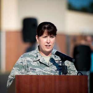 Col. Amanda Meyers, C-17 System Program director, speaks to attendees during the C-17’s 3,000,000 flying hour ceremony May 5, 2015, on the flightline at Robins Air Force Base, Ga. A ceremony was held at Robins AFB and Joint Base Charleston, S.C., to commemorate this milestone for the C-17 fleet. As part of the ceremony, a combined JB Charleston aircrew and Boeing Team flew a ceremonial flight commemorating the milestone. (U.S. Air Force photo/Airman 1st Class Clayton Cupit)