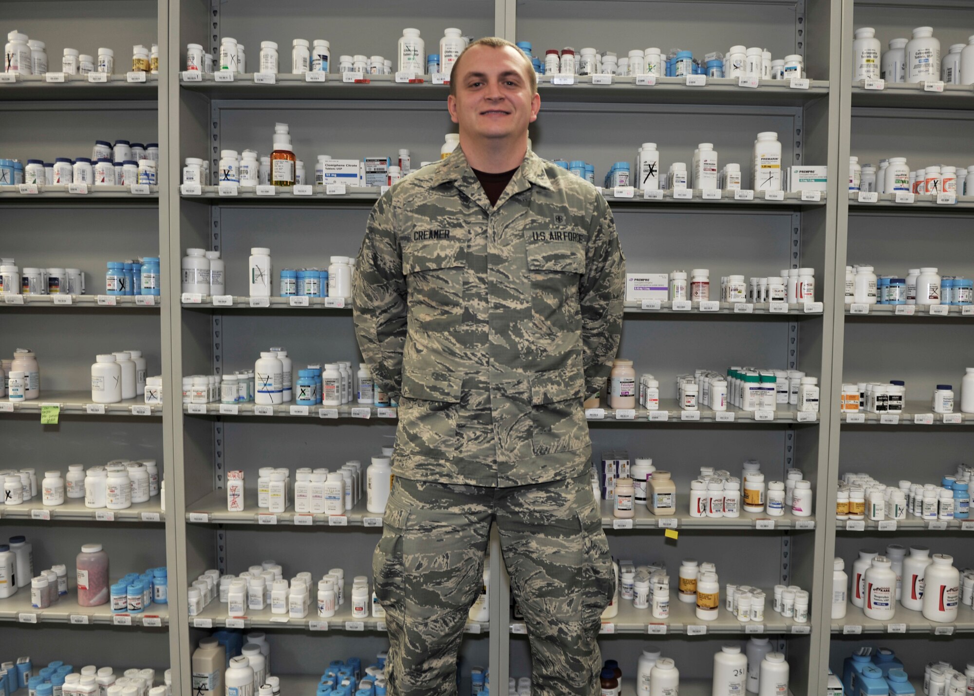 Airman 1st Class Cabretta Creamer, 325th Medical Group pharmacy technician, poses for a photo May 1 at the Tyndall pharmacy. 325th MDG leadership selected Creamer to participate in the Airman Shadow Program. (U.S. Air Force photo by Airman 1st Class Sergio A. Gamboa/Released)
